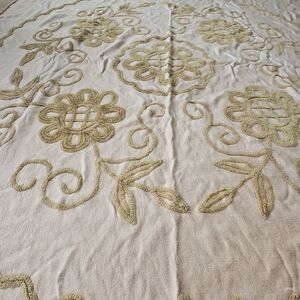 Vintage Chenille Twin bedspread throw Hand woven fringed blanket Peach Himalaya